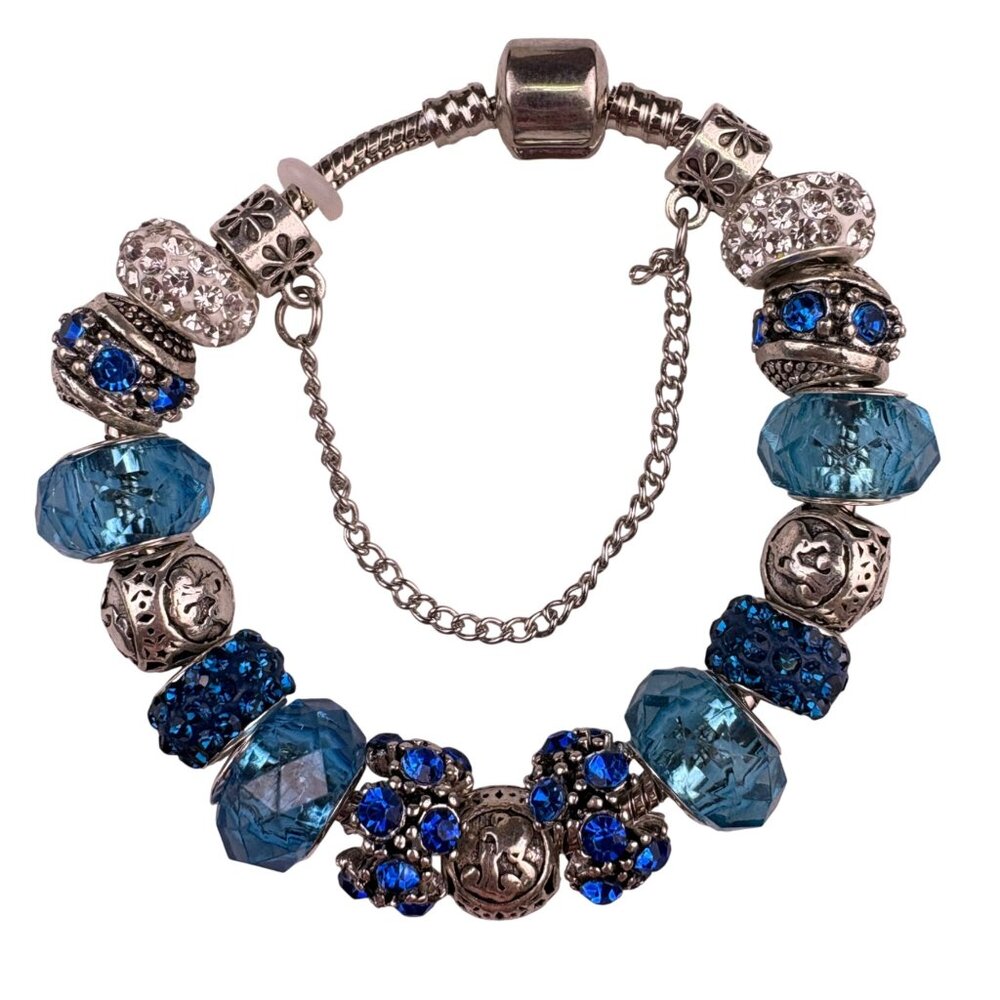 Sterling Silver Womens Blue Beaded Charm Bracelet  Glass & Crystal Elegant Desig